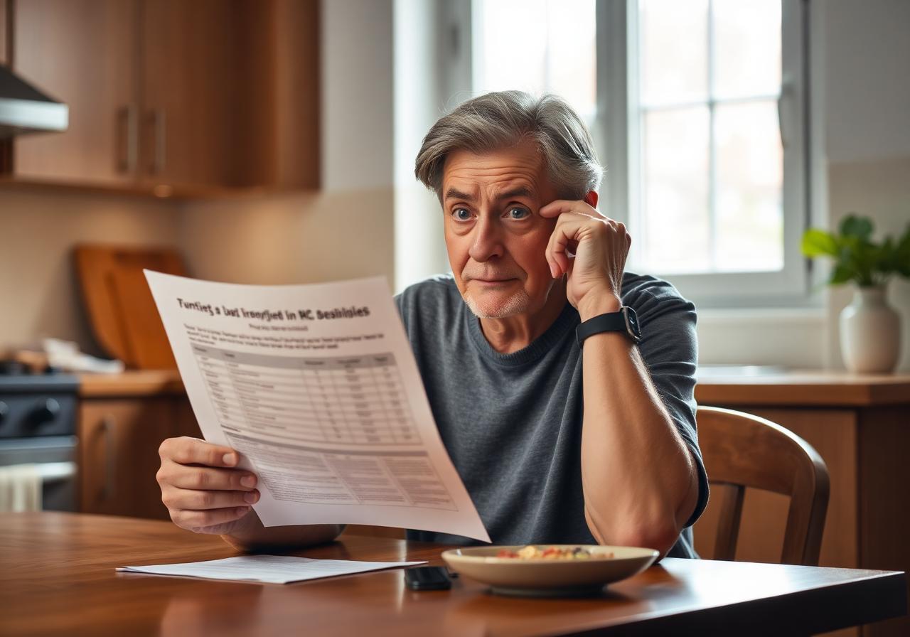 A patient at home looking confused while reading a paper medical report